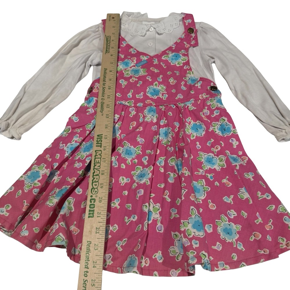 Vintage OshKosh Bgosh Girls Pink Floral Jumper Dress & Lace Collar Blouse Set 6 - Picture 2 of 5